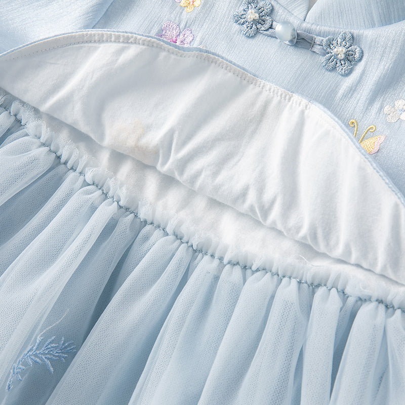 فستان بنات طويل الأكمام من التول باللون الأزرق مع تطريز زهور، أسلوب صيني عصري