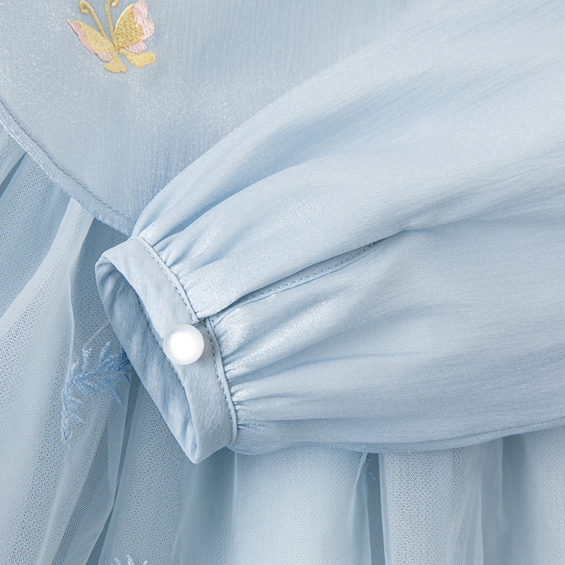 فستان بنات طويل الأكمام من التول باللون الأزرق مع تطريز زهور، أسلوب صيني عصري