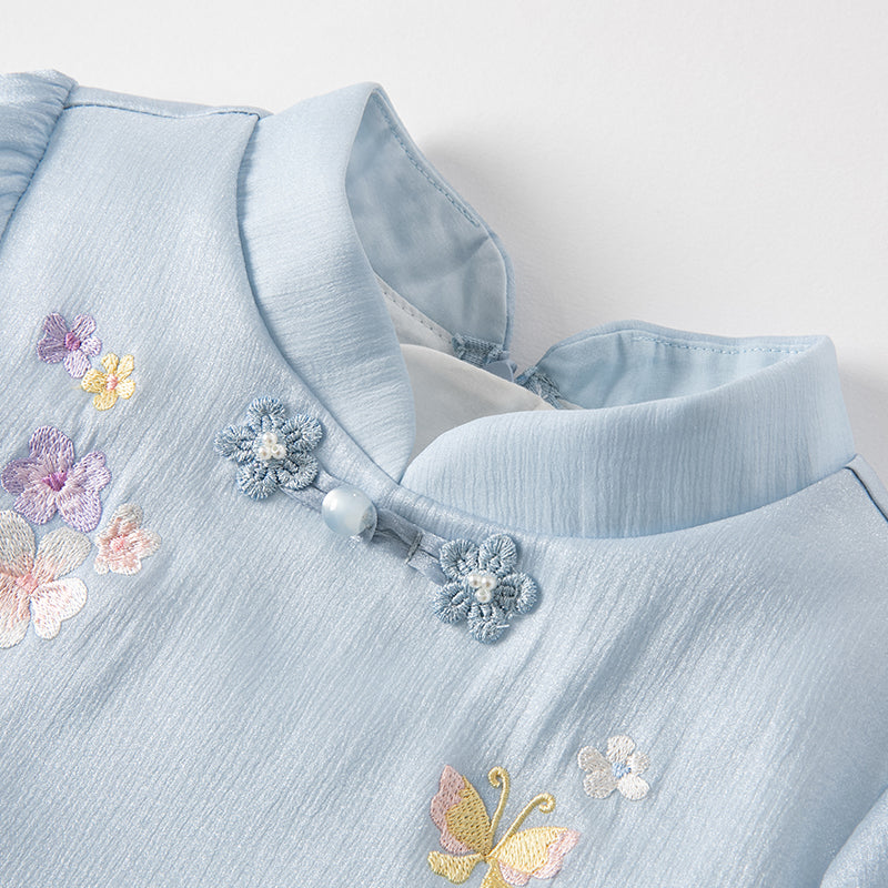 فستان بنات طويل الأكمام من التول باللون الأزرق مع تطريز زهور، أسلوب صيني عصري