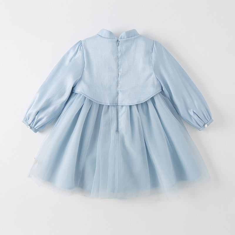 فستان بنات طويل الأكمام من التول باللون الأزرق مع تطريز زهور، أسلوب صيني عصري