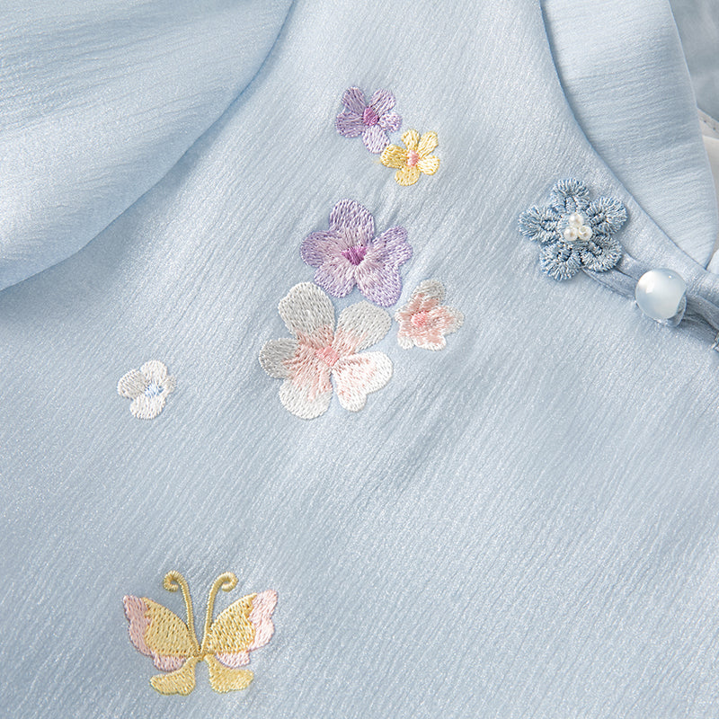 فستان بنات طويل الأكمام من التول باللون الأزرق مع تطريز زهور، أسلوب صيني عصري