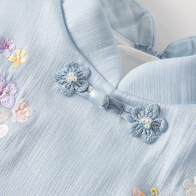 فستان بنات طويل الأكمام من التول باللون الأزرق مع تطريز زهور، أسلوب صيني عصري