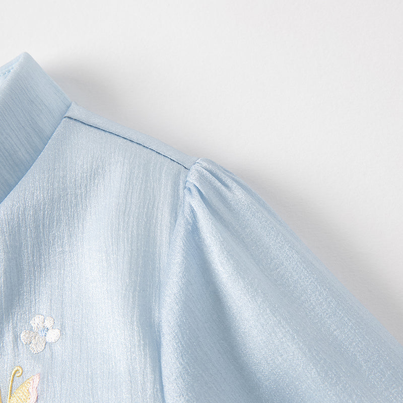 فستان بنات طويل الأكمام من التول باللون الأزرق مع تطريز زهور، أسلوب صيني عصري