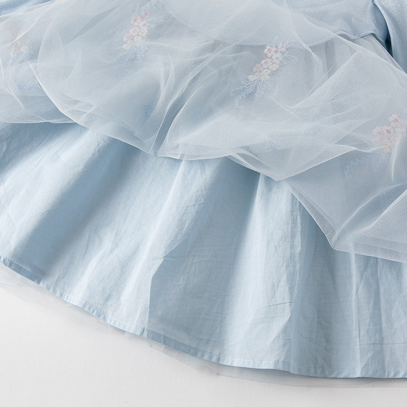 فستان بنات طويل الأكمام من التول باللون الأزرق مع تطريز زهور، أسلوب صيني عصري