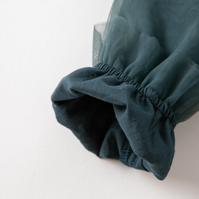 فستان بنات طويل الأكمام من التول باللون أزرق طاووس بأسلوب أميرة (يشمل حقيبة كروس)