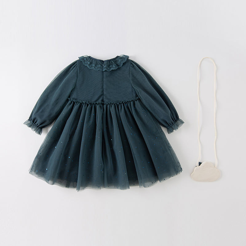 فستان بنات طويل الأكمام من التول باللون أزرق طاووس بأسلوب أميرة (يشمل حقيبة كروس)