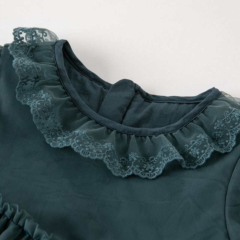 فستان بنات طويل الأكمام من التول باللون أزرق طاووس بأسلوب أميرة (يشمل حقيبة كروس)