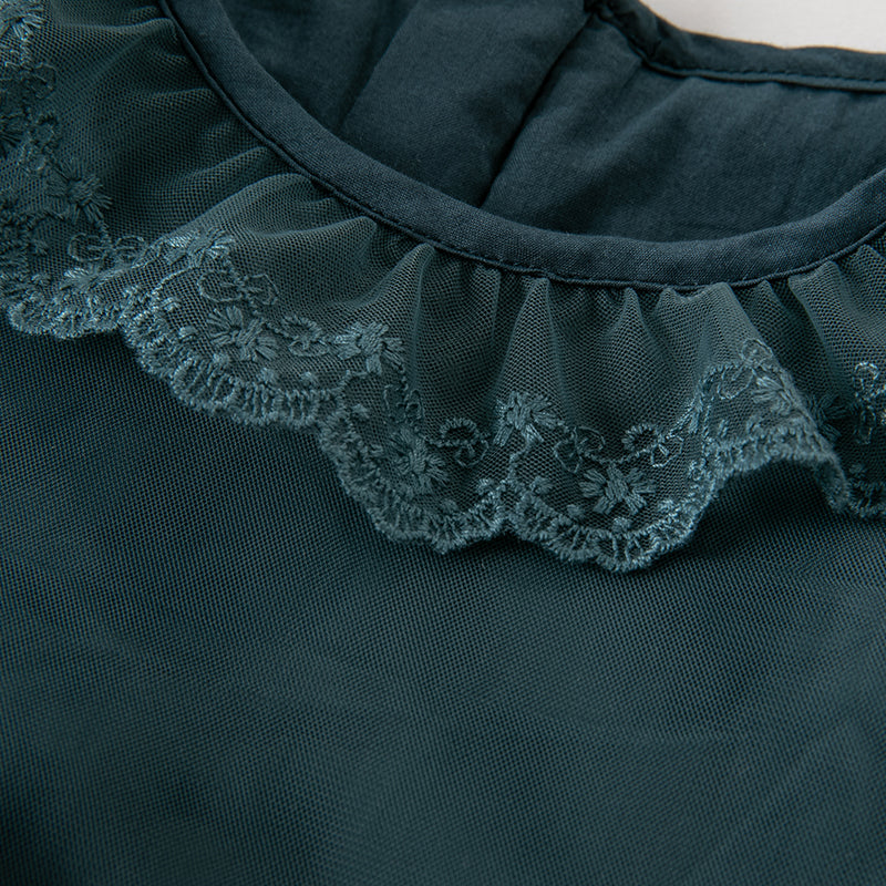 فستان بنات طويل الأكمام من التول باللون أزرق طاووس بأسلوب أميرة (يشمل حقيبة كروس)