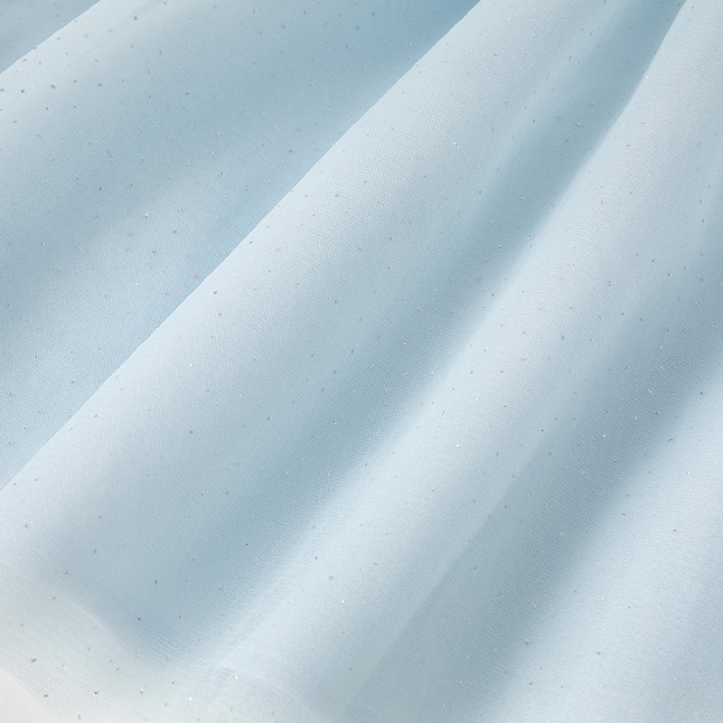 فستان بنات طويل الأكمام من التول باللون الأزرق مع تطريز دانتيل، أسلوب أميرة (يشمل حقيبة كروس)