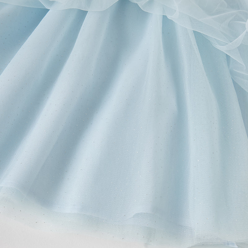 فستان بنات طويل الأكمام من التول باللون الأزرق مع تطريز دانتيل، أسلوب أميرة (يشمل حقيبة كروس)