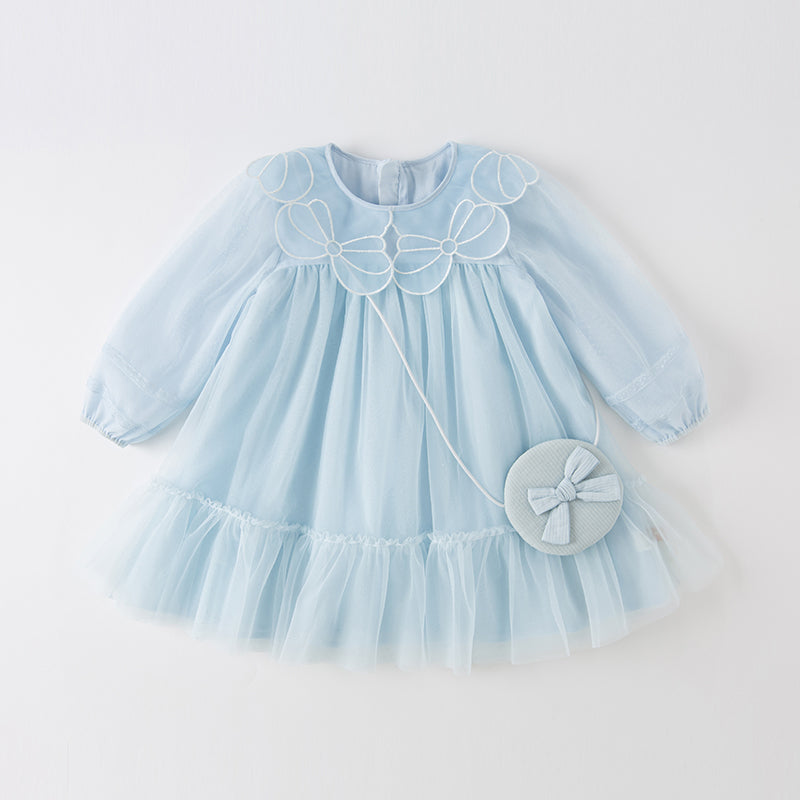 فستان بنات طويل الأكمام من التول باللون الأزرق مع تطريز دانتيل، أسلوب أميرة (يشمل حقيبة كروس)