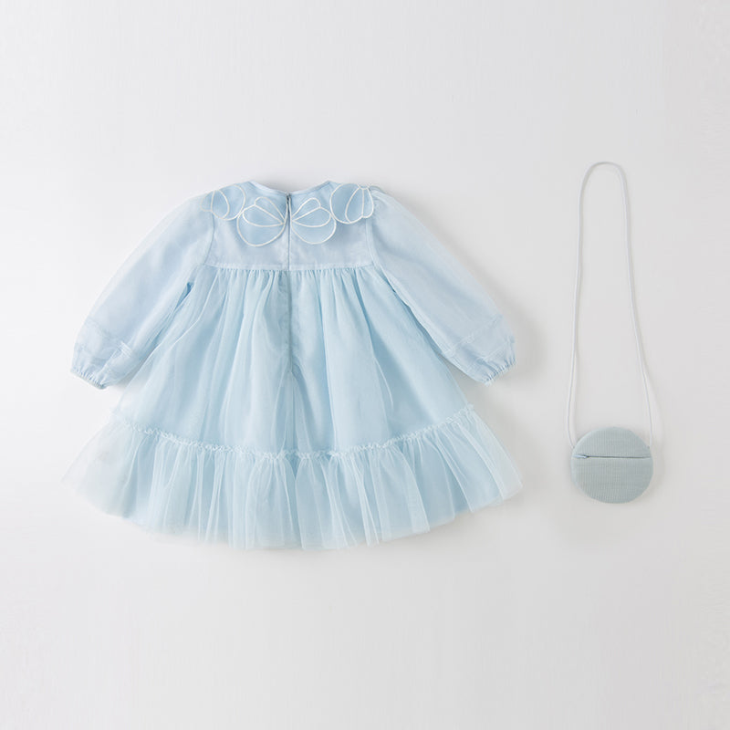 فستان بنات طويل الأكمام من التول باللون الأزرق مع تطريز دانتيل، أسلوب أميرة (يشمل حقيبة كروس)