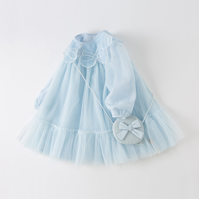 فستان بنات طويل الأكمام من التول باللون الأزرق مع تطريز دانتيل، أسلوب أميرة (يشمل حقيبة كروس)