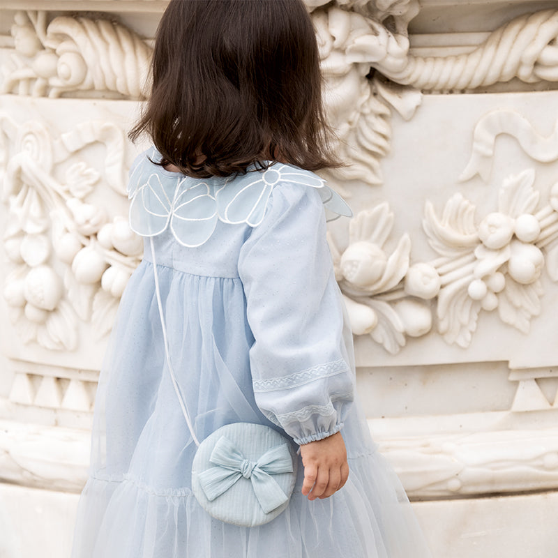 فستان بنات طويل الأكمام من التول باللون الأزرق مع تطريز دانتيل، أسلوب أميرة (يشمل حقيبة كروس)