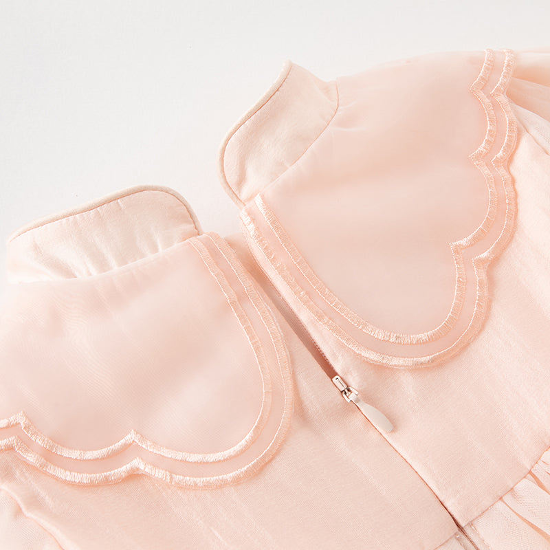 فستان بنات طويل الأكمام من التول باللون الوردي بأسلوب صيني عصري