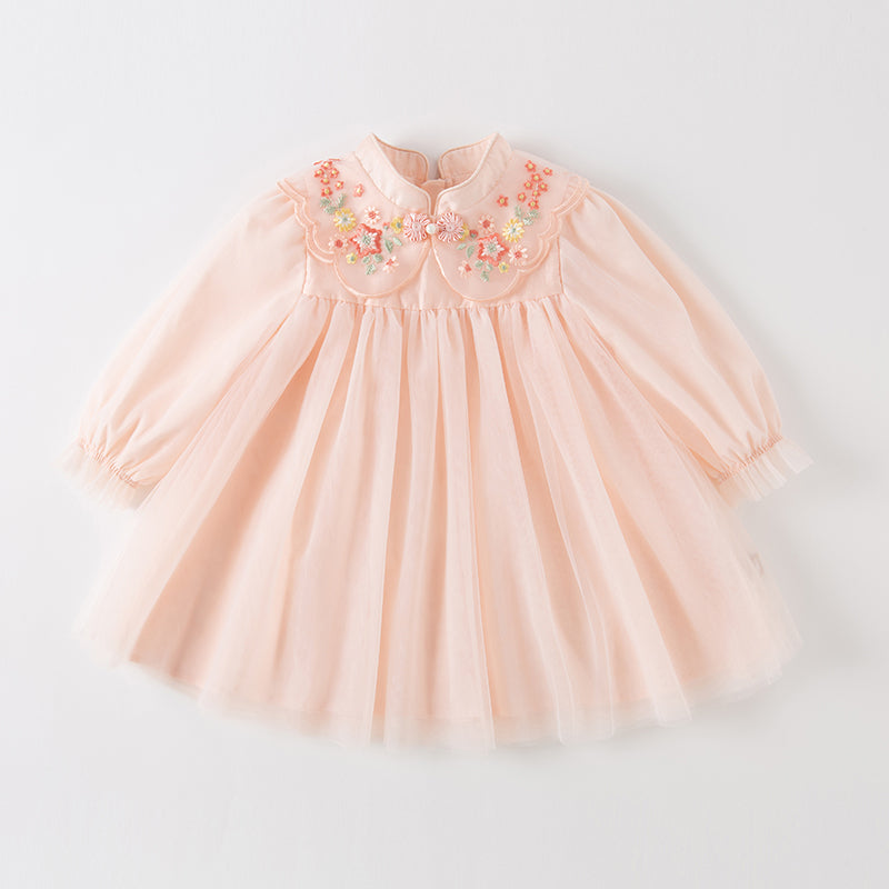 فستان بنات طويل الأكمام من التول باللون الوردي بأسلوب صيني عصري