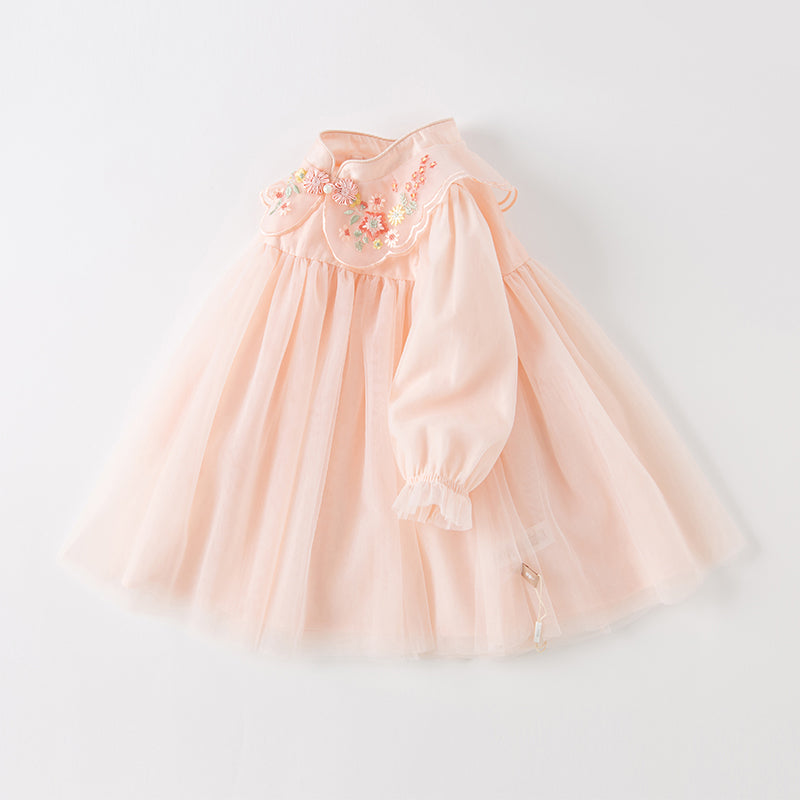 فستان بنات طويل الأكمام من التول باللون الوردي بأسلوب صيني عصري