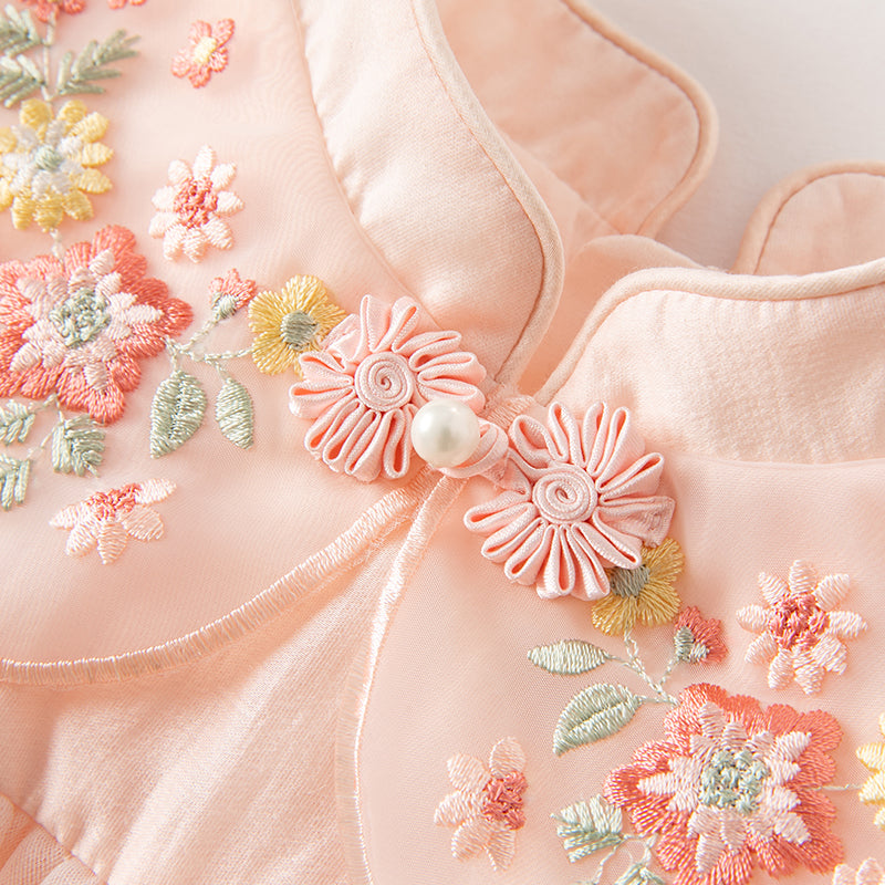 فستان بنات طويل الأكمام من التول باللون الوردي بأسلوب صيني عصري