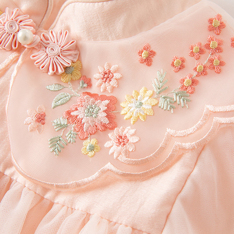 فستان بنات طويل الأكمام من التول باللون الوردي بأسلوب صيني عصري