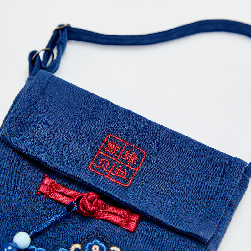 حقيبة كروس بودي جينز زرقاء عصرية بتطريز صيني، مناسبة للبنين والبنات