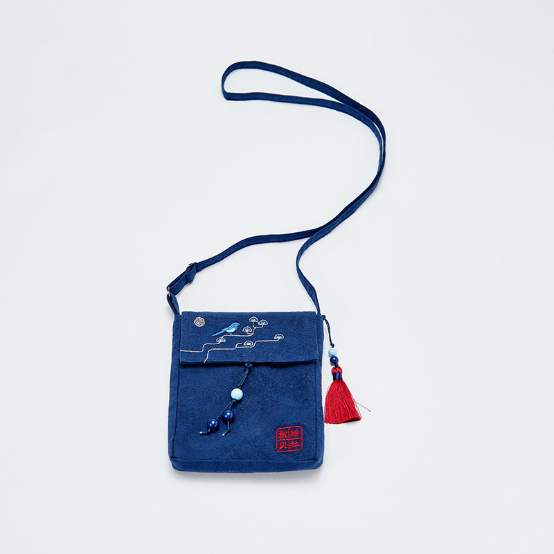 حقيبة كروس بودي جينز زرقاء عصرية بتطريز مستوحى من الأسلوب الصيني، مناسبة للبنين والبنات