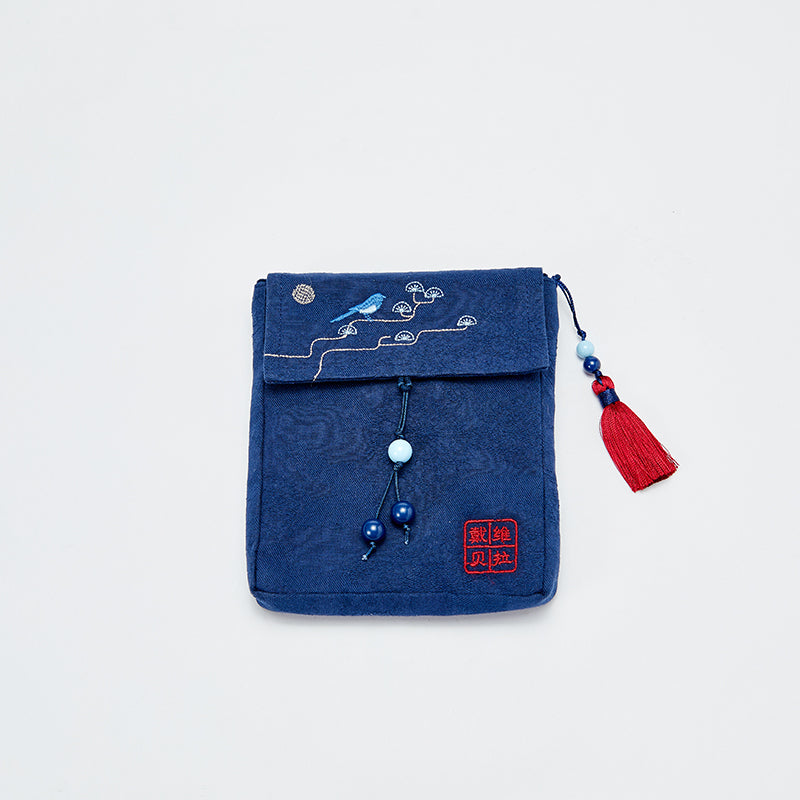 حقيبة كروس بودي جينز زرقاء عصرية بتطريز مستوحى من الأسلوب الصيني، مناسبة للبنين والبنات