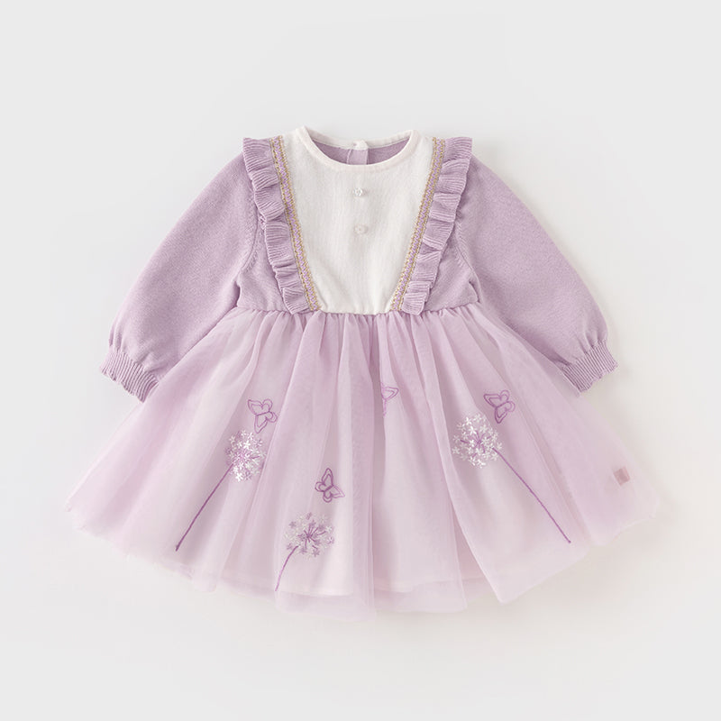 فستان بنات طويل الأكمام من قماش محبوك باللون البنفسجي الفاتح مع تنورة تول بأسلوب أميرة