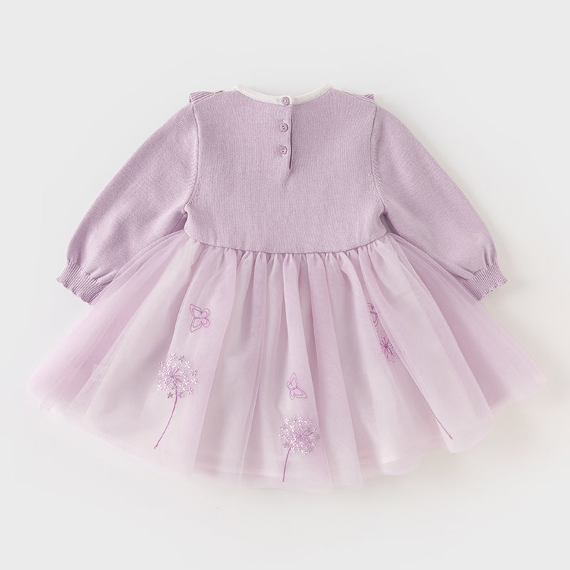 فستان بنات طويل الأكمام من قماش محبوك باللون البنفسجي الفاتح مع تنورة تول بأسلوب أميرة