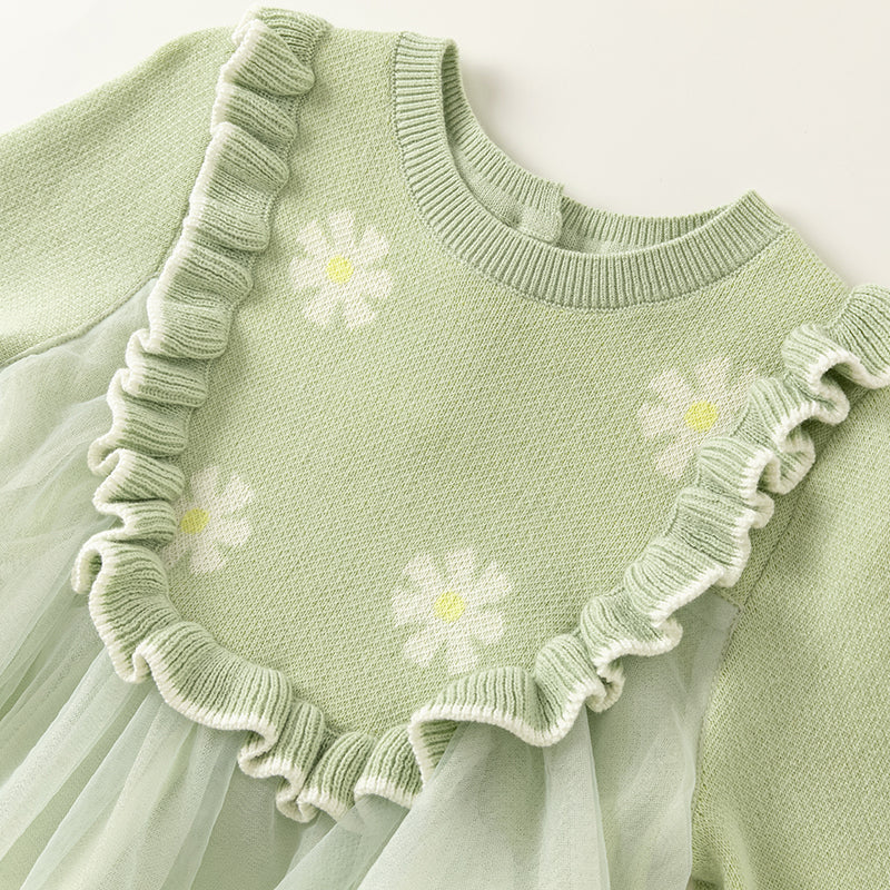 فستان بنات طويل الأكمام من قماش محبوك باللون أخضر فاصولياء مع تنورة تول بأسلوب أميرة أنيق