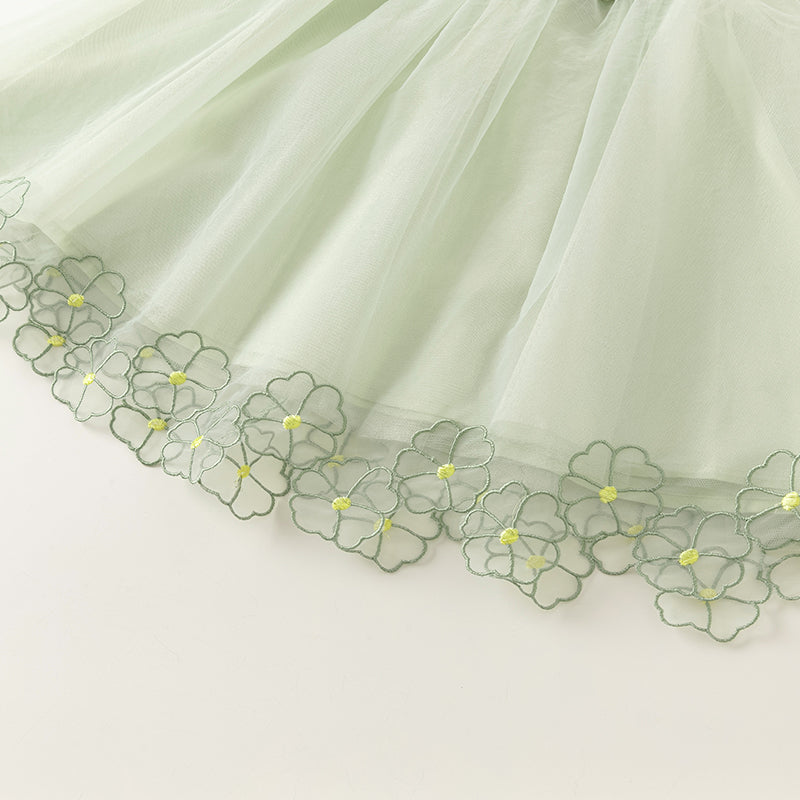 فستان بنات طويل الأكمام من قماش محبوك باللون أخضر فاصولياء مع تنورة تول بأسلوب أميرة أنيق