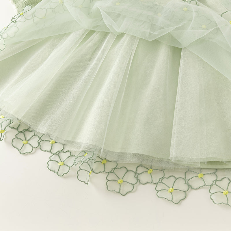 فستان بنات طويل الأكمام من قماش محبوك باللون أخضر فاصولياء مع تنورة تول بأسلوب أميرة أنيق