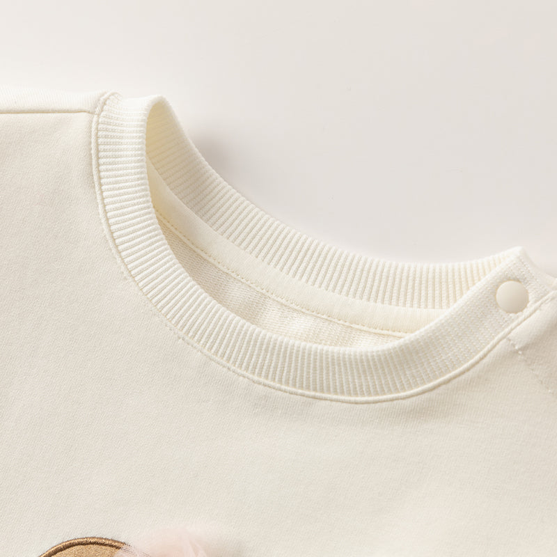 فستان بنات طويل الأكمام من قماش محبوك باللون البيج مع تنورة تول بأسلوب أميرة، أسلوب غير رسمي