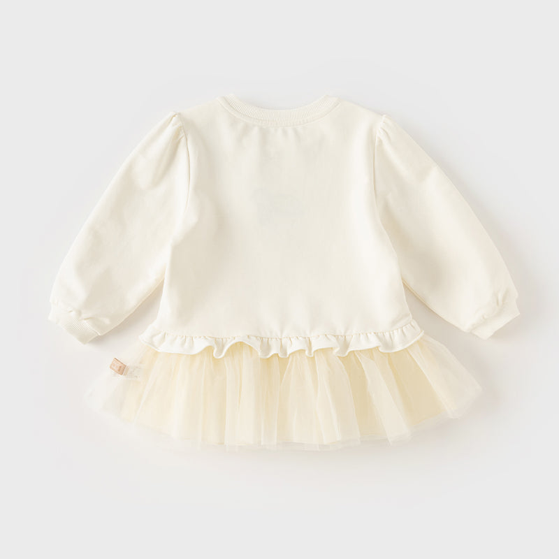 فستان بنات طويل الأكمام من قماش محبوك باللون البيج مع تنورة تول بأسلوب أميرة، أسلوب غير رسمي