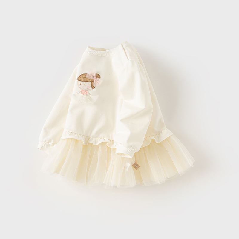 فستان بنات طويل الأكمام من قماش محبوك باللون البيج مع تنورة تول بأسلوب أميرة، أسلوب غير رسمي