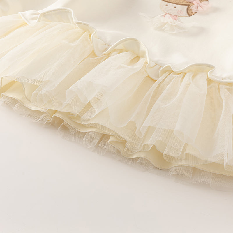 فستان بنات طويل الأكمام من قماش محبوك باللون البيج مع تنورة تول بأسلوب أميرة، أسلوب غير رسمي