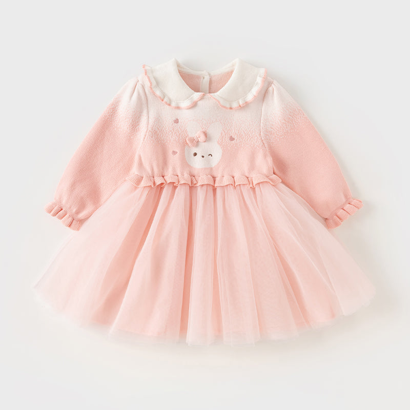 فستان للأطفال بأكمام طويلة من التريكو الوردي مع تنورة من التول، مزين برسمة أرنب لطيف