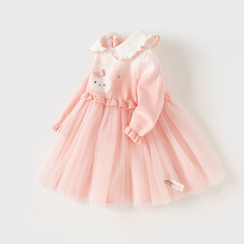 فستان للأطفال بأكمام طويلة من التريكو الوردي مع تنورة من التول، مزين برسمة أرنب لطيف