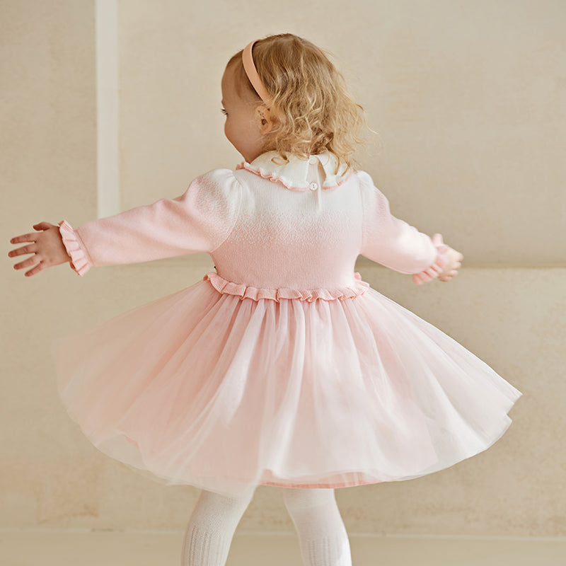 فستان للأطفال بأكمام طويلة من التريكو الوردي مع تنورة من التول، مزين برسمة أرنب لطيف