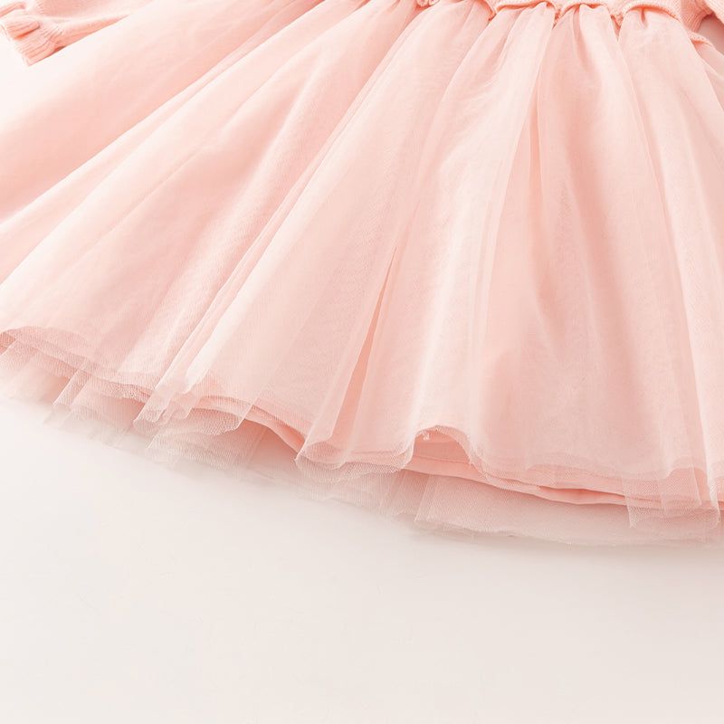 فستان للأطفال بأكمام طويلة من التريكو الوردي مع تنورة من التول، مزين برسمة أرنب لطيف