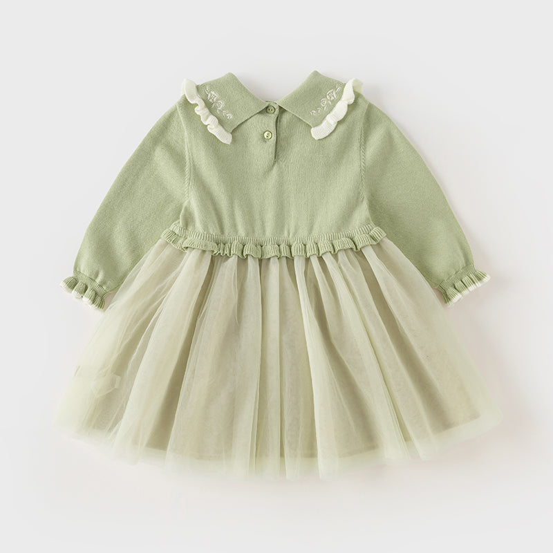 فستان بنات طويل الأكمام من قماش محبوك باللون الأخضر التفاحي مع تنورة تول بأسلوب أميرة، أسلوب أنيق