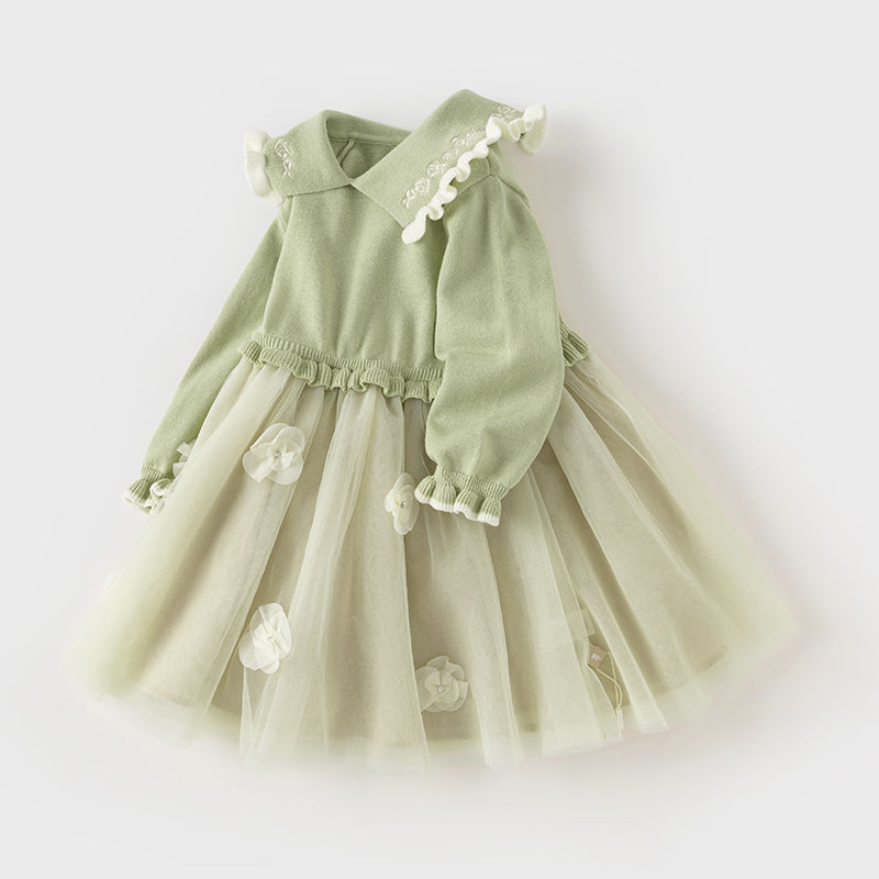 فستان بنات طويل الأكمام من قماش محبوك باللون الأخضر التفاحي مع تنورة تول بأسلوب أميرة، أسلوب أنيق