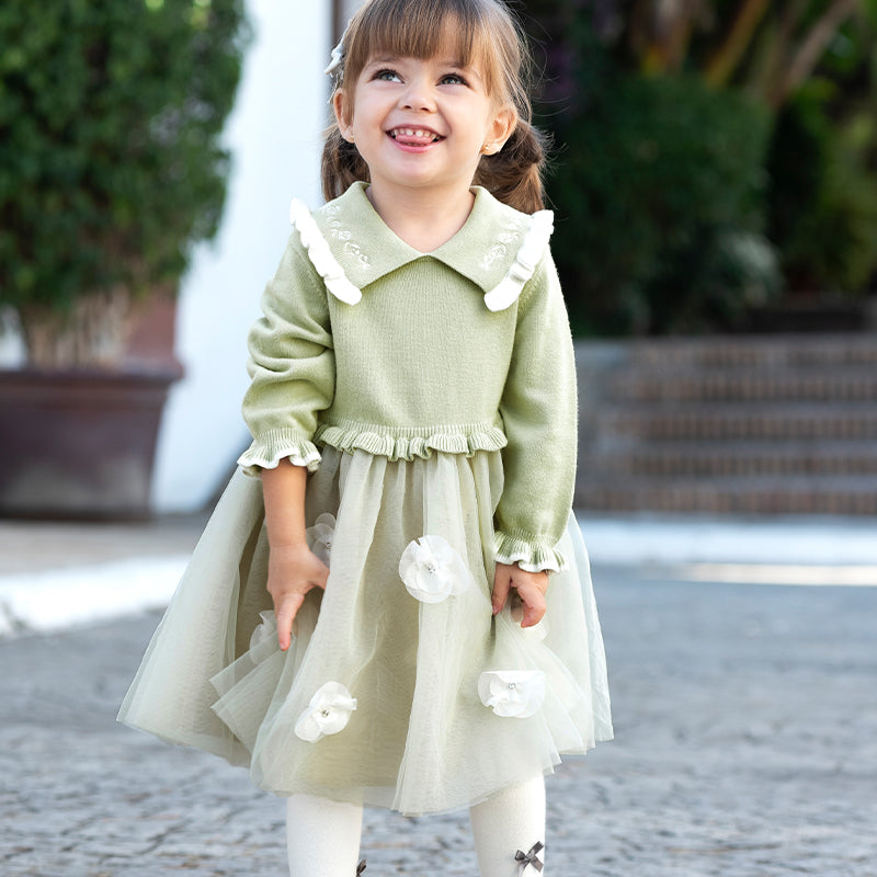 فستان بنات طويل الأكمام من قماش محبوك باللون الأخضر التفاحي مع تنورة تول بأسلوب أميرة، أسلوب أنيق