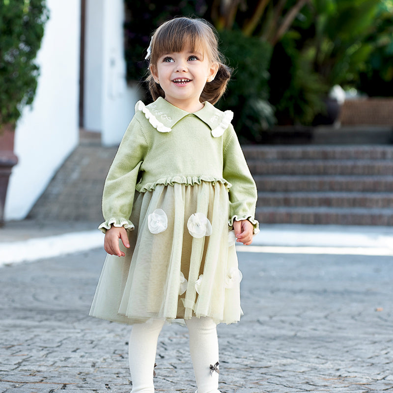 فستان بنات طويل الأكمام من قماش محبوك باللون الأخضر التفاحي مع تنورة تول بأسلوب أميرة، أسلوب أنيق