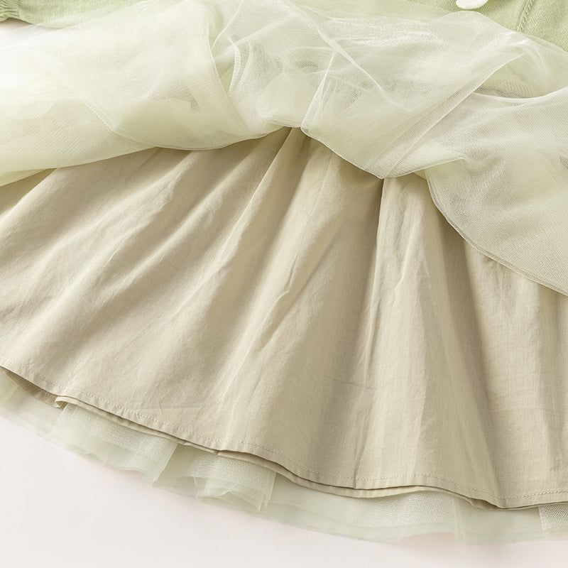 فستان بنات طويل الأكمام من قماش محبوك باللون الأخضر التفاحي مع تنورة تول بأسلوب أميرة، أسلوب أنيق