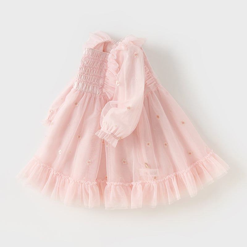 فستان بنات طويل الأكمام من التول باللون الوردي الفاتح بأسلوب أميرة لطيف