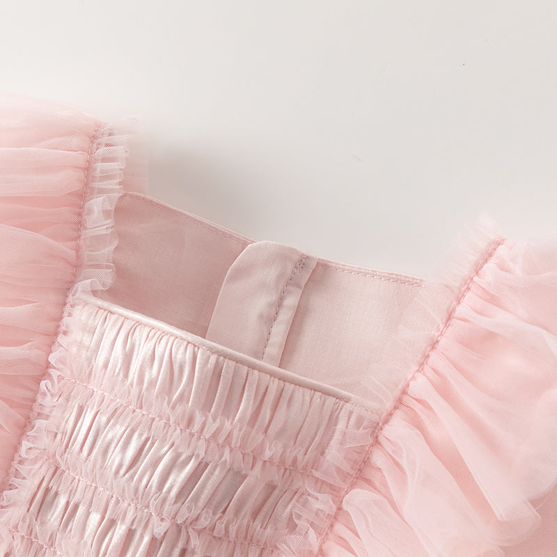 فستان بنات طويل الأكمام من التول باللون الوردي الفاتح بأسلوب أميرة لطيف