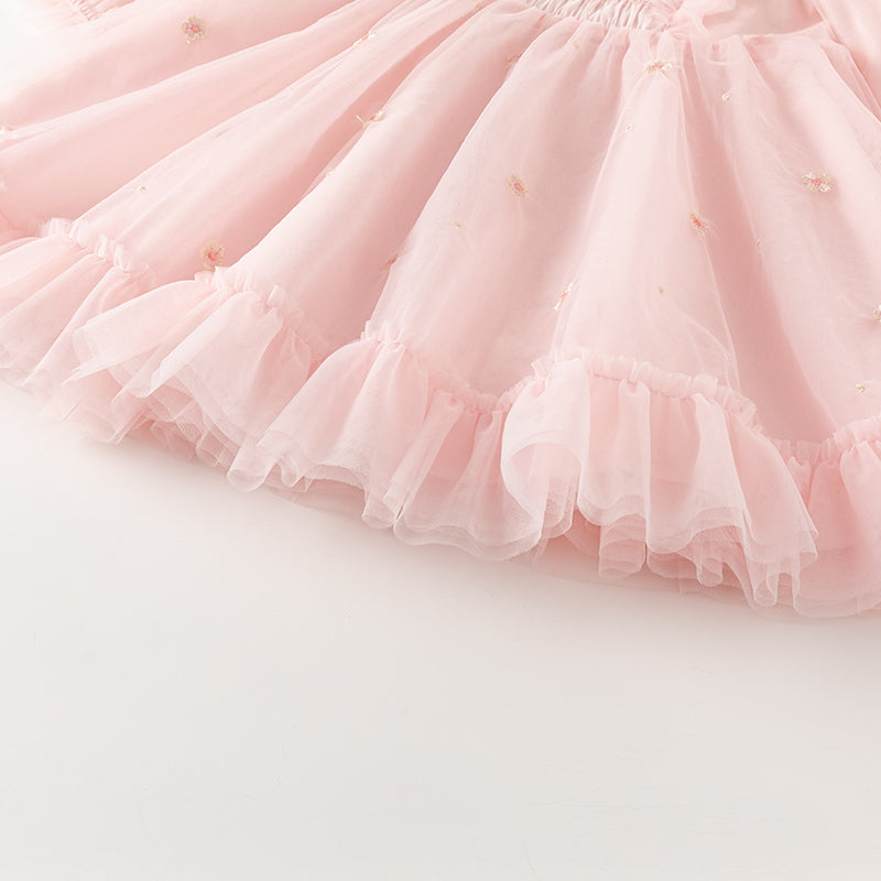 فستان بنات طويل الأكمام من التول باللون الوردي الفاتح بأسلوب أميرة لطيف