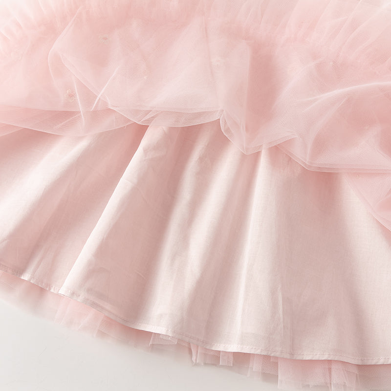 فستان بنات طويل الأكمام من التول باللون الوردي الفاتح بأسلوب أميرة لطيف