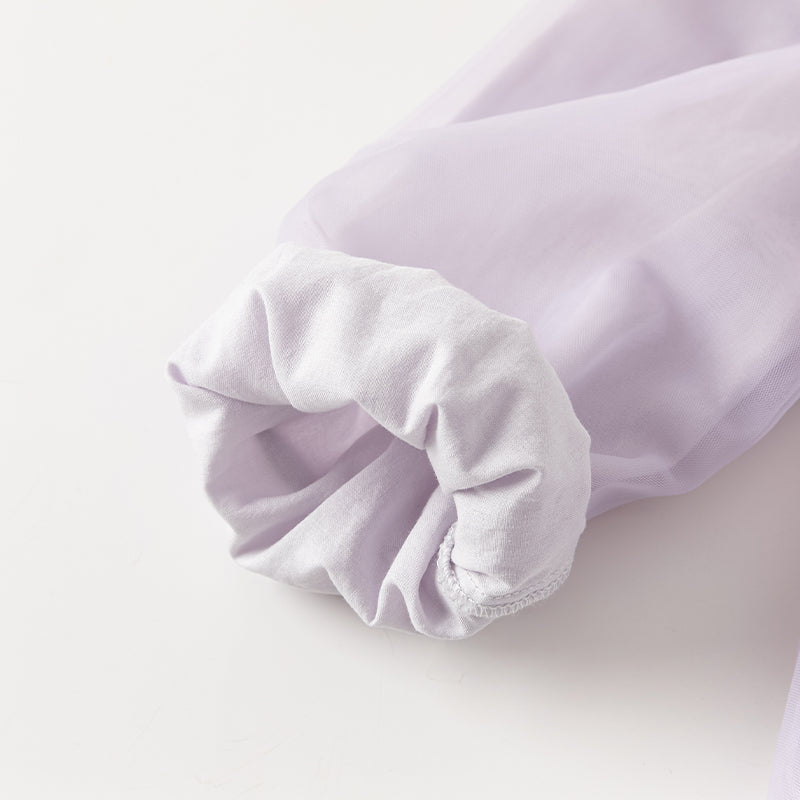 فستان أميرة شبكي للفتيات الصغيرات بكم طويل وياقة مربعة باللون البنفسجي الفاتح لفصلي الربيع والخريف