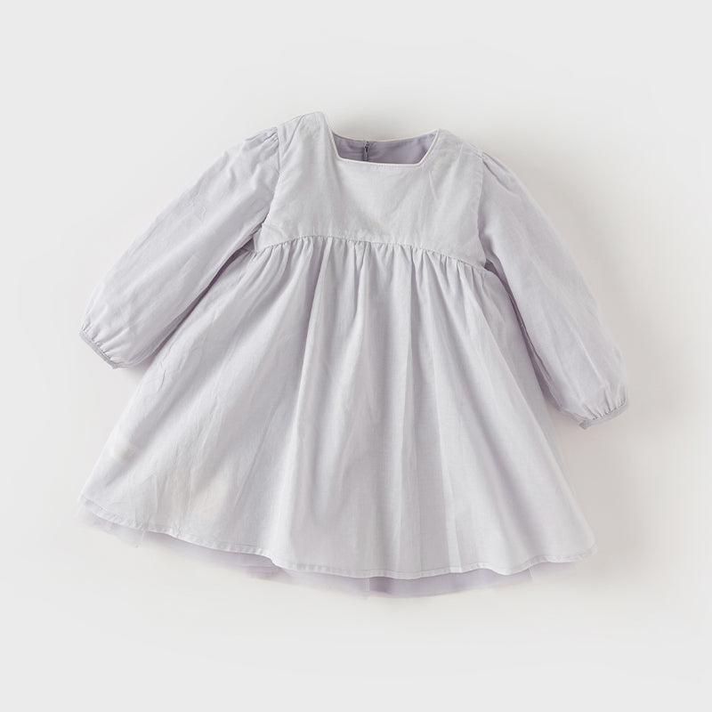 فستان أميرة شبكي للفتيات الصغيرات بكم طويل وياقة مربعة باللون البنفسجي الفاتح لفصلي الربيع والخريف